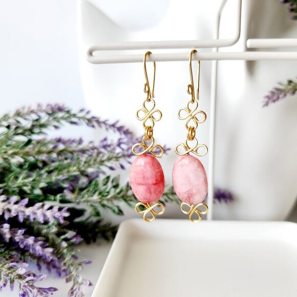 Pink Agate Oval Stone Beads Gold Wire Wrapped Dangle Earrings - Picture 6 of 8